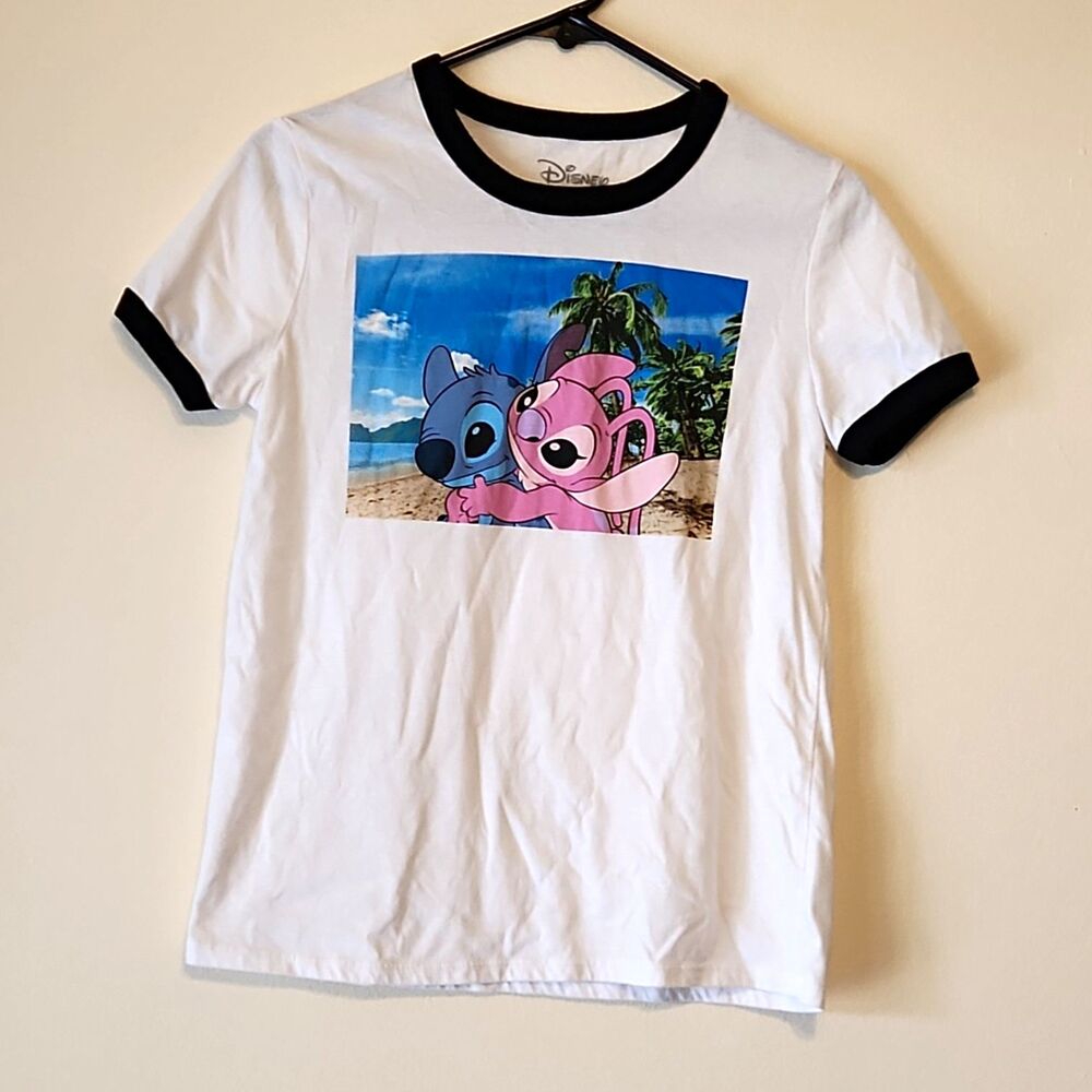 Disney Lilo & Stitch Angel Beach Hug Ringer T-Shirt White Black Junior Size L